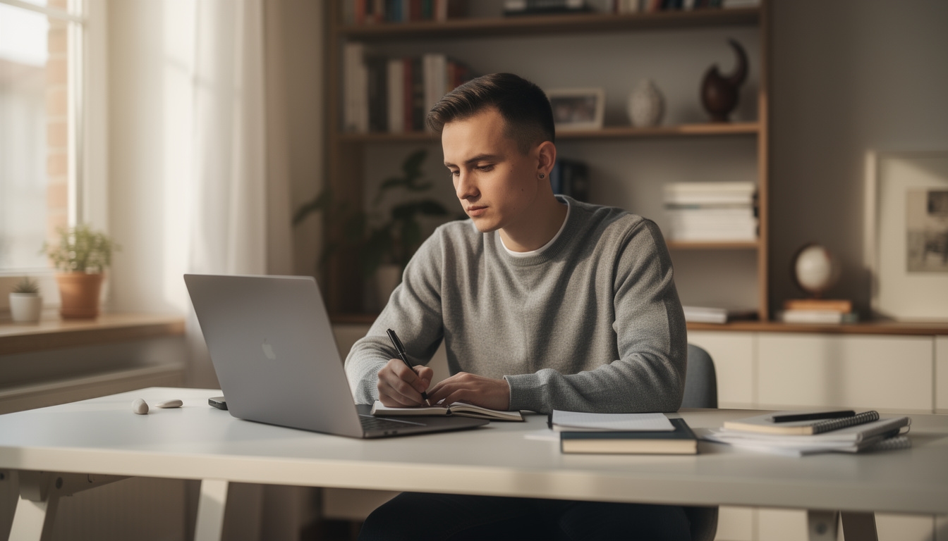Młody profesjonalista uczący się przy laptopie